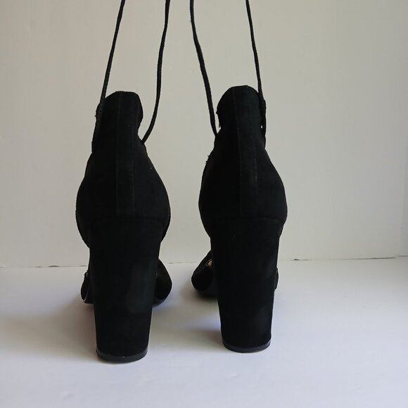 'Jenni' Black Suede CutOuts Block Heels Pointy Toes Long Ankle Wrap Laces Sz 8 - Picture 3 of 12